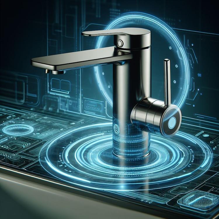 A futuristic depiction of a modern faucet with motion sensor technology.