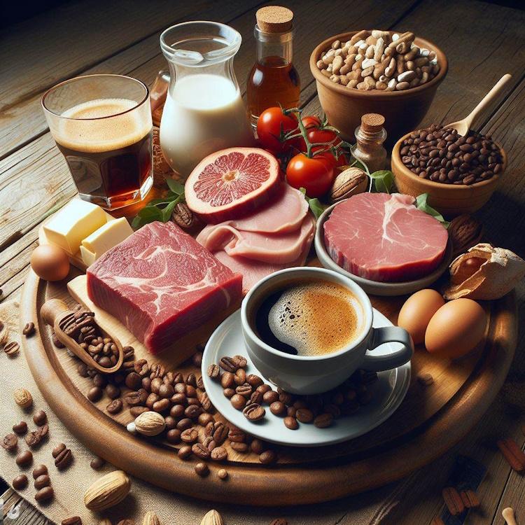 A bountiful display of a cup of coffee, lean meats and dairy products containing L-Carnitine, arranged elegantly on a rustic wooden table