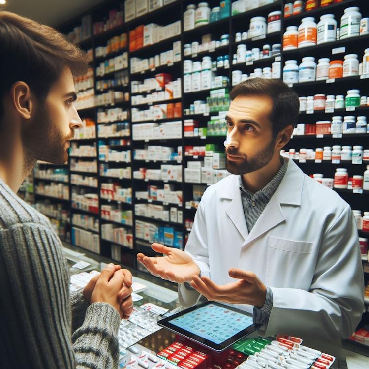pharmacist advising a customer on the precautions of taking L-Carnitine