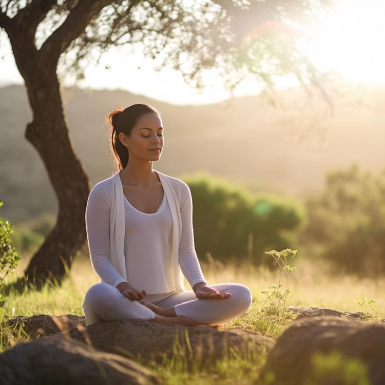 The Science Behind L-Carnitine, an image of a person in a peaceful and serene environment, surrounded by nature, practicing mindfulness and meditation 