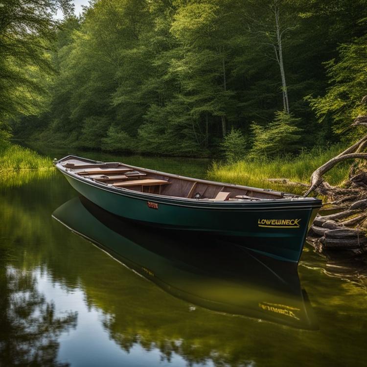 An Aluminum Skiff parked by a serene lake surrounded by lush greenery.