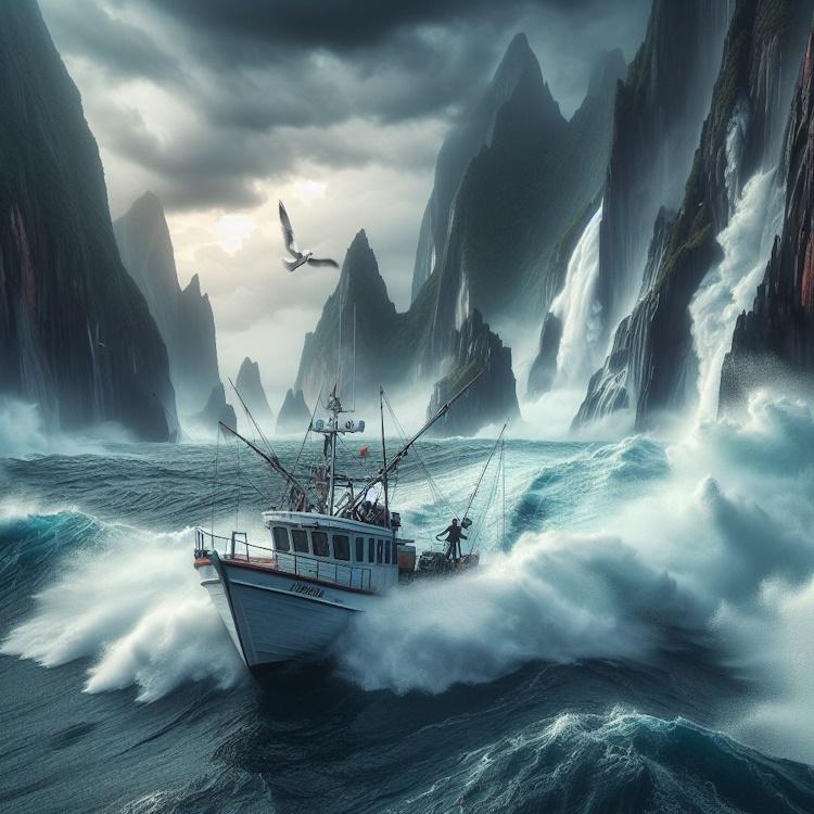 dramatic seascape scene with fishing boat in rough seas