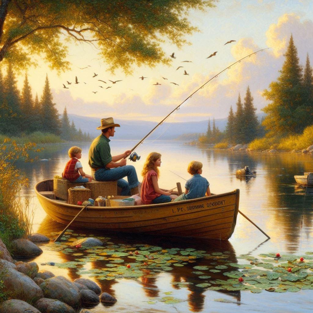 family fishing in a cheap fishing boat