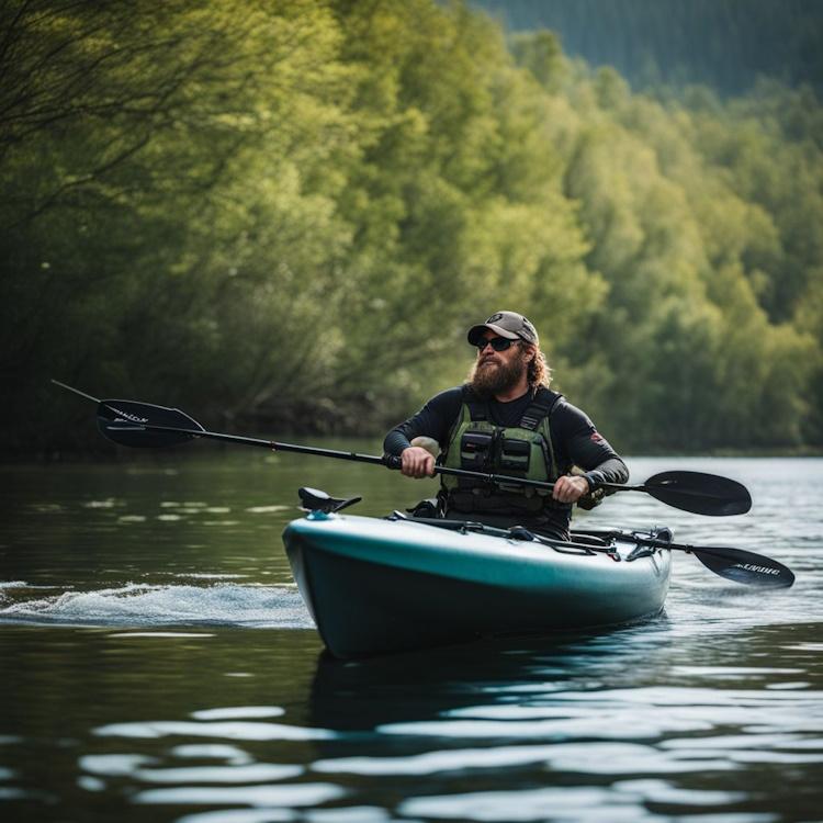 A fisherman in a Native Slayer Propel 13 Fishing Kayak glides through calm waters in a bustling atmosphere.