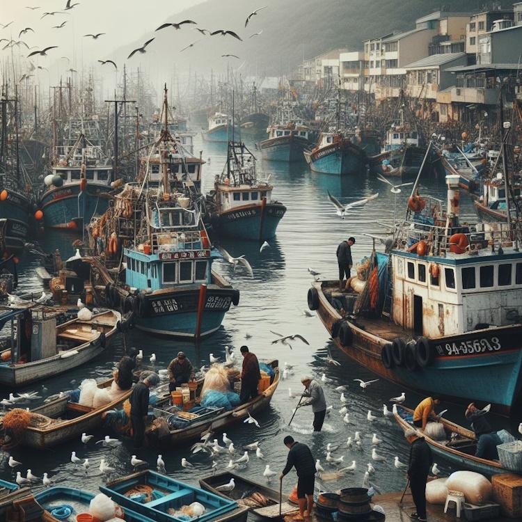A bustling fishing harbor with various budget fishing boats docked, fishermen preparing their gear, seagulls flying overhead, the salty scent of the sea in the air