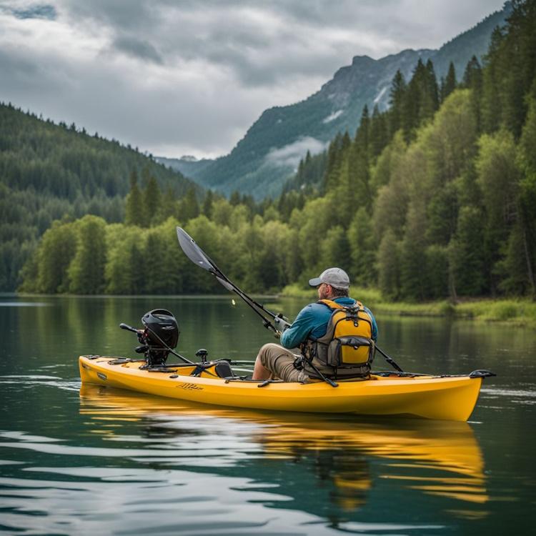 The image features a Hobie Mirage Pro Angler 14 Fishing Kayak on a serene lake with natural scenery in the background.