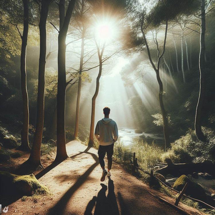 The L-Carnitine Way, A person walking alone in a serene natural setting, bright sunlight filtering through the trees, a sense of peace and calm, the person's posture showing strength and determination