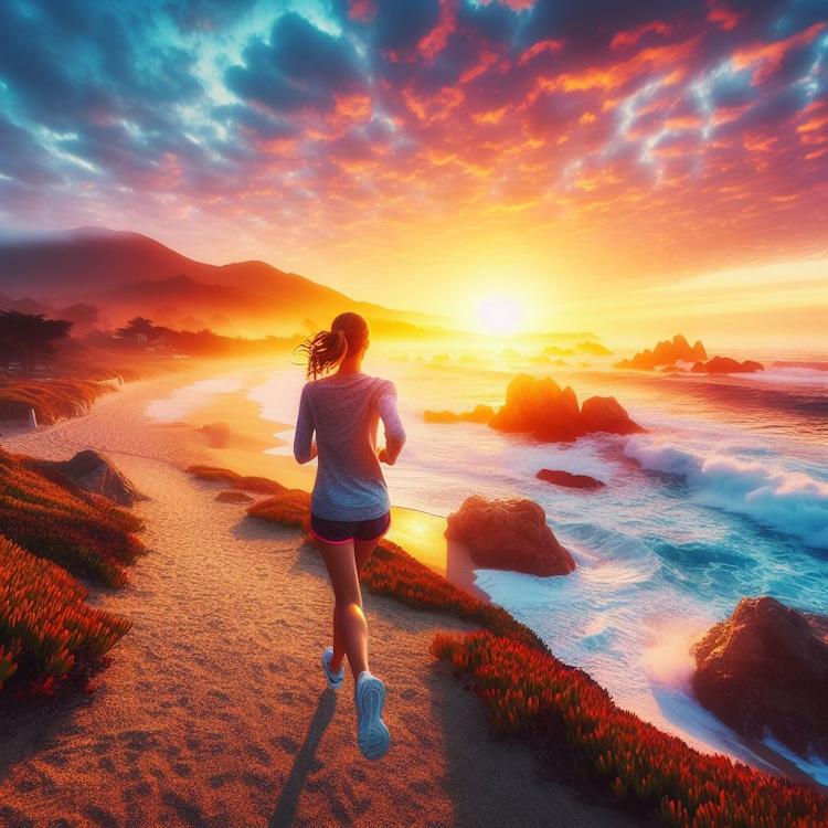 The L-Carnitine Way, A woman jogging along a scenic coastal path at sunrise