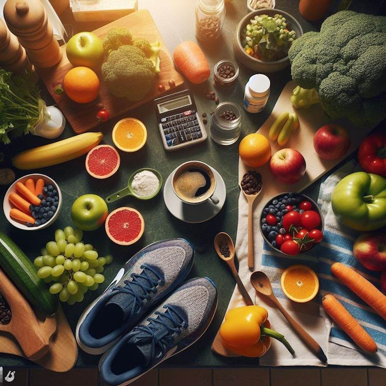 he L-Carnitine Way, An overhead view of a kitchen counter with a cup of coffee, fruits, vegetables, and running shoes, creating a vibrant and health-conscious environment
