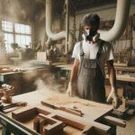 a woodworker wearing a protective mask surrounded by airborne dust particles
