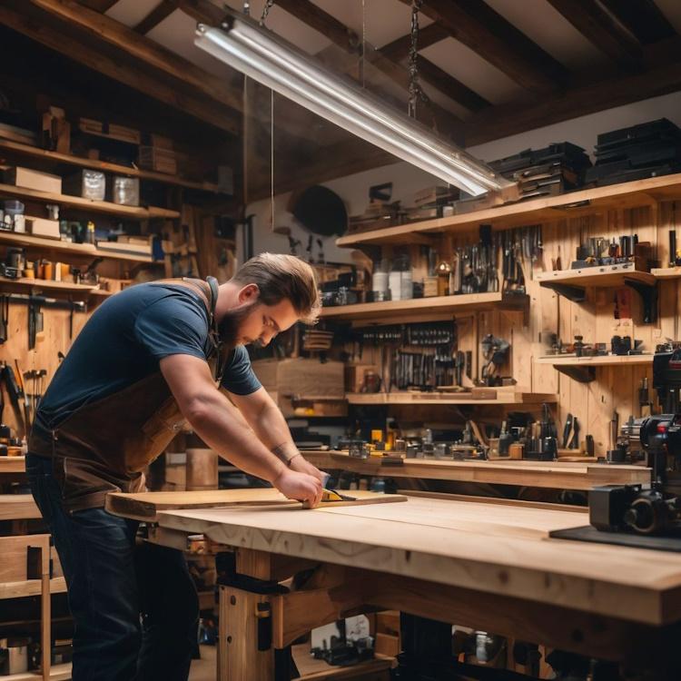 A person adjusts the height of a workbench in a woodworking studio.
