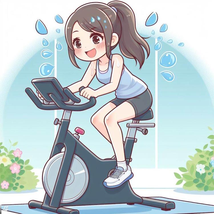 Illustration of a person pedaling on an exercise bike, sweating and smiling.