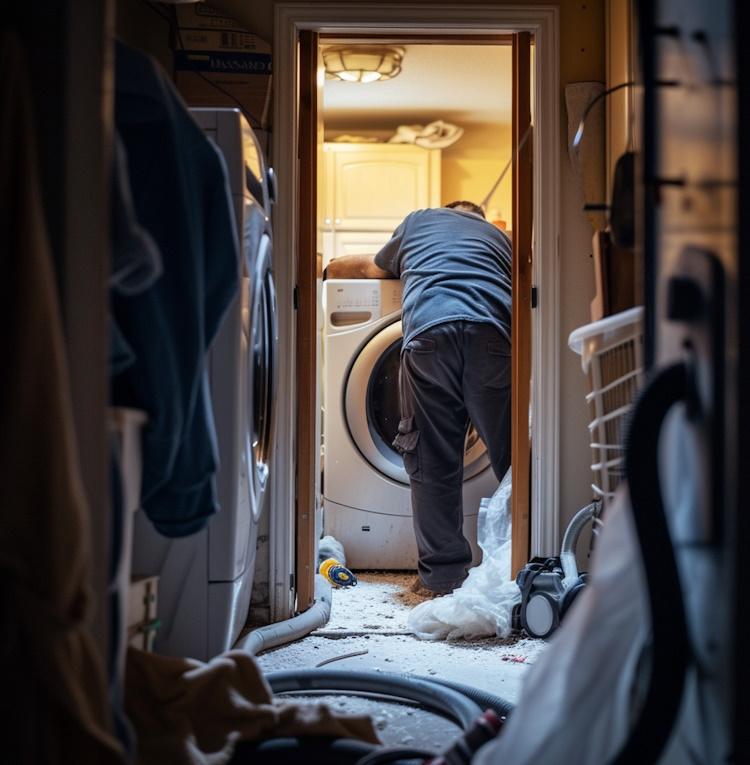 A person using a vacuum to clean the dryer vent, dusty and lint-filled vent, cluttered laundry room, emphasizing the importance of regular maintenance and safety