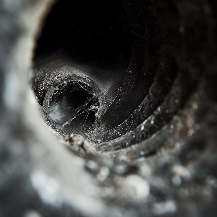 A close-up of a lint-filled dryer vent, visible dust and debris, dark and cramped space, highlighting the potential fire hazard and need for thorough cleaning