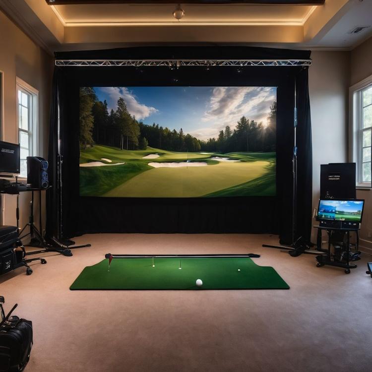An indoor golf simulation setup with a projection screen and various golf swing styles.