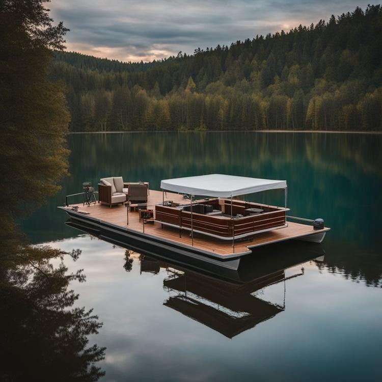 A completed DIY pontoon boat kit displayed on a calm lake.