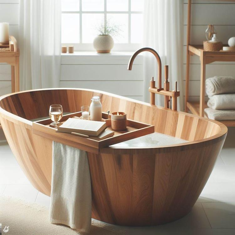 a finished wood diy bathtub with tray