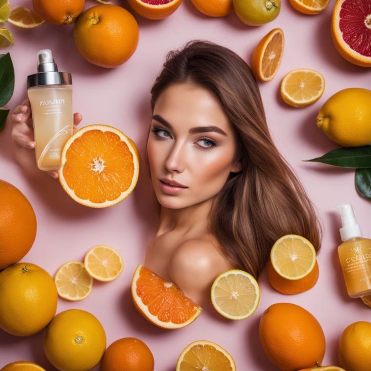 A variety of citrus fruits displayed against a backdrop of skincare products.