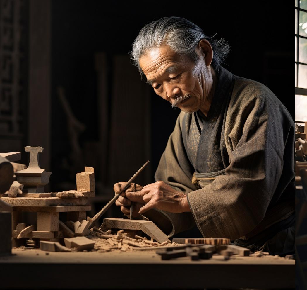 japanese woodworking tools in an Edo period woodworking shop