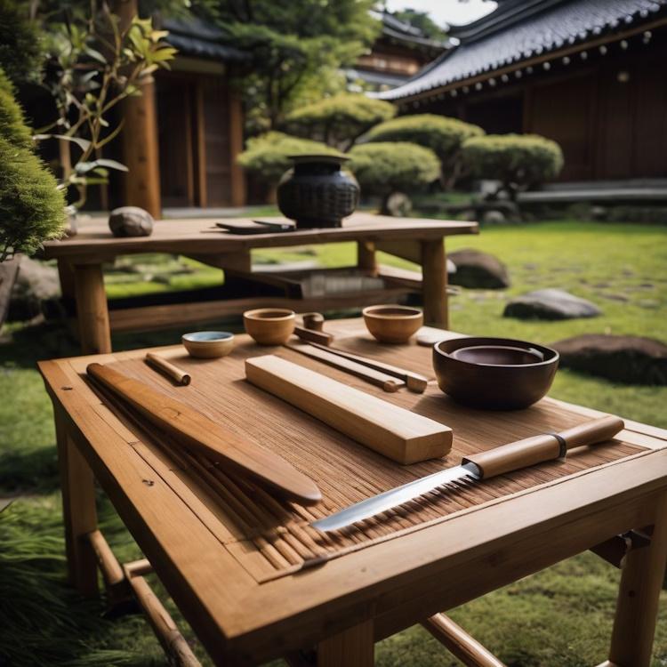 japanese woodworking tools on a table in a serene garden