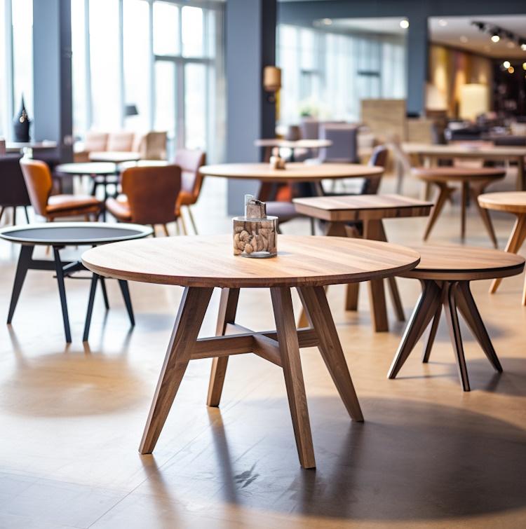 A collection of round kitchen tables displayed in a spacious furniture showroom