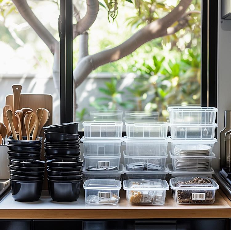 A clutter-free countertop with neatly organized plastic containers, kitchen utensils, and labels, natural light streaming in from the window, evoking a sense of order and cleanliness,