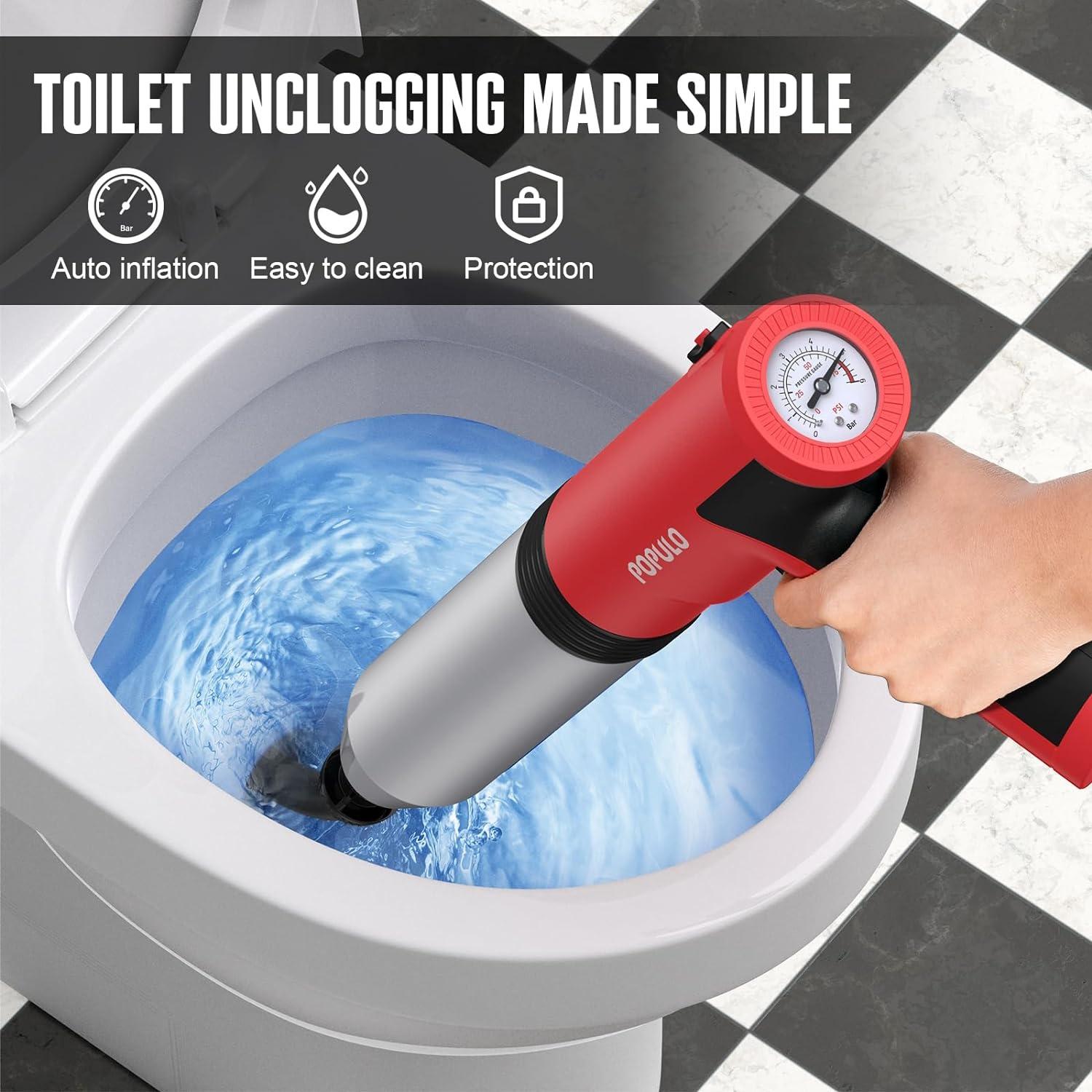 POPULO Electric Plunger Toilet - Instant High Pressure Drain Unclogging | Powerful Bathroom, Floor, Sewer, and Pipe Cleaner | Versatile Home Toilet Clog Remover