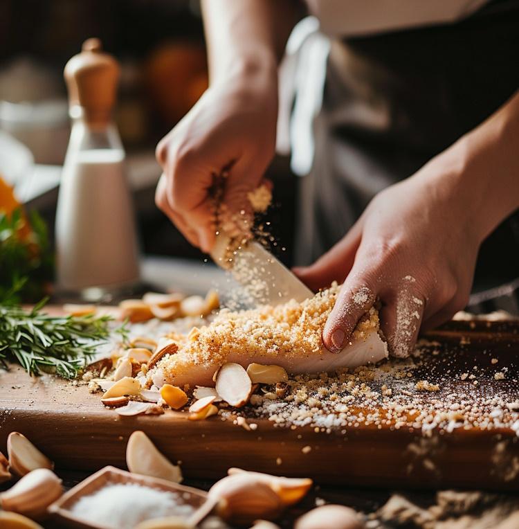 A chef's hands coating a piece of fish with almond flour, a kitchen countertop with neatly arranged ingredients, a warm and inviting kitchen environment, showcasing the process of using almond flour in cooking