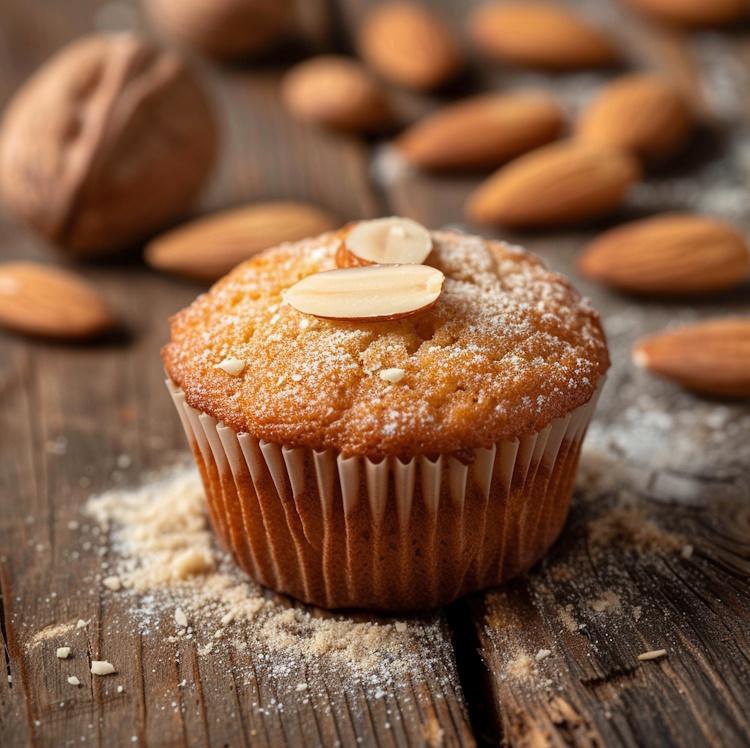 A close-up of a freshly baked almond flour muffin with a golden brown crust, sprinkled with almonds, sitting on a rustic wooden table, surrounded by almonds and almond flour