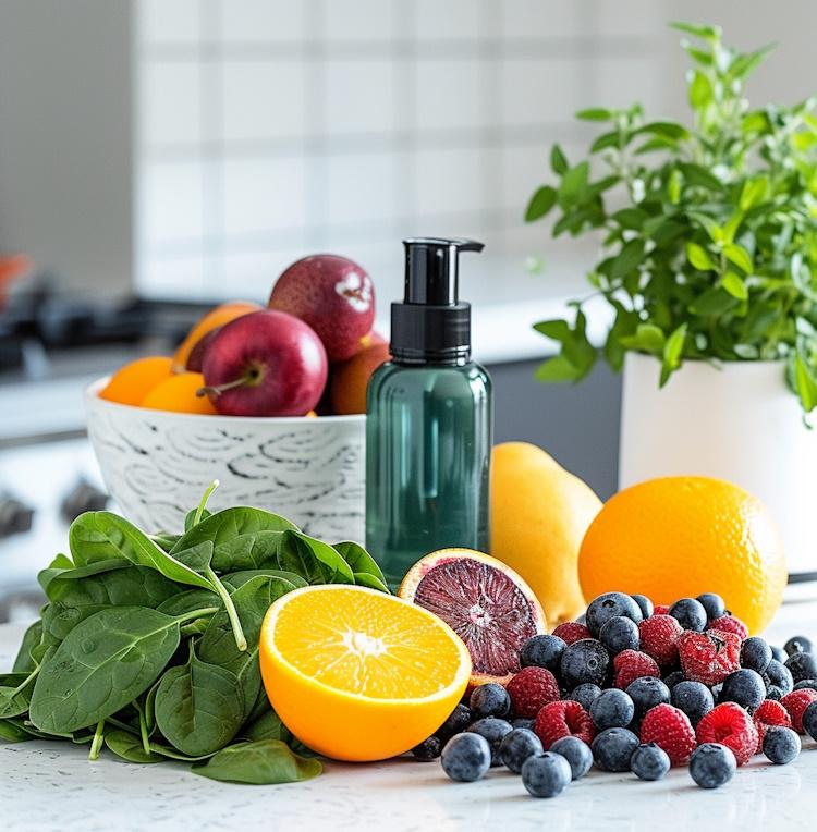  close-up of various antioxidant-rich fruits and vegetables like berries, oranges, and spinach, alongside skincare products containing antioxidants, set against a bright and airy kitchen background, evoking a sense of freshness and vitality