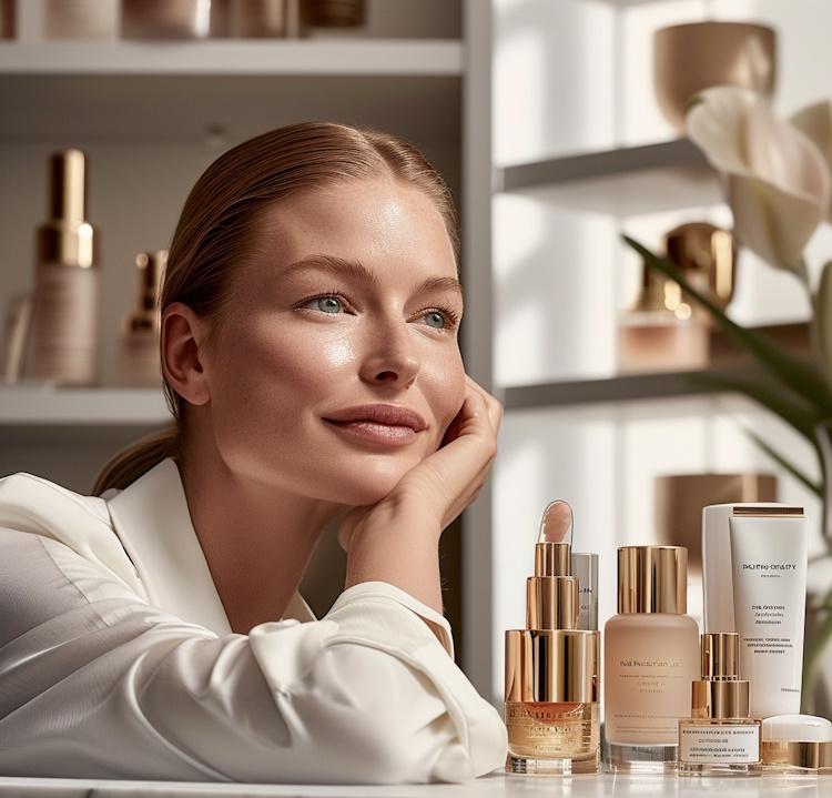 A close-up of a radiant woman's face with smooth, wrinkle-free skin, surrounded by luxurious skincare products and ingredients like retinol, hyaluronic acid, and vitamin C, set in a modern, bright, and pristine beauty lab, conveying a sense of luxury and scientific innovation