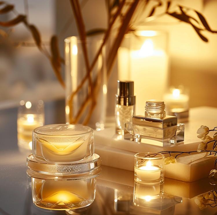 a luxurious spa environment with soft lighting, elegant packaging of skincare products, and a serene ambiance, evoking the feeling of relaxation and indulgence