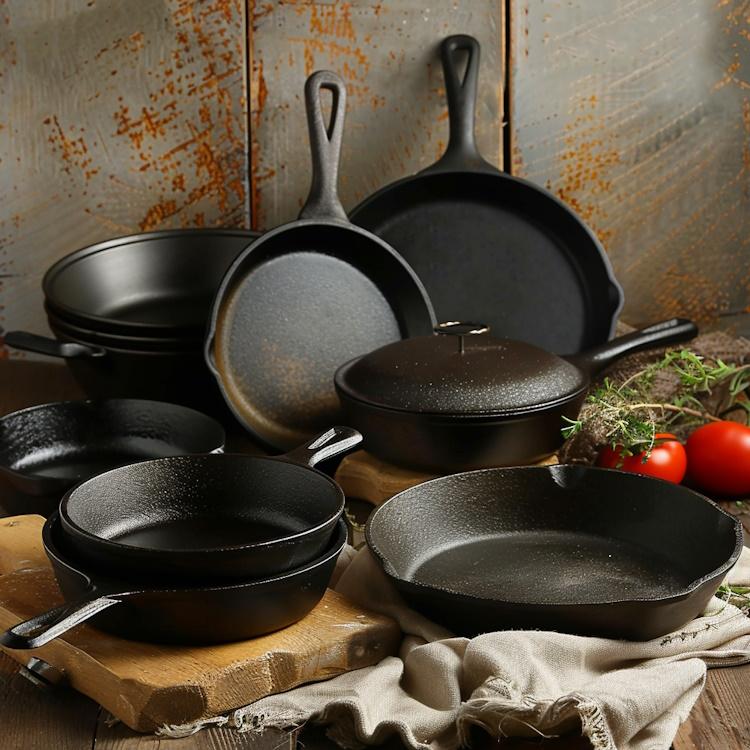 a variety of cast iron bakeware items such as skillets, pans, and Dutch ovens, arranged on a rustic wooden table, with warm, inviting lighting to highlight the texture and durability of the cookware