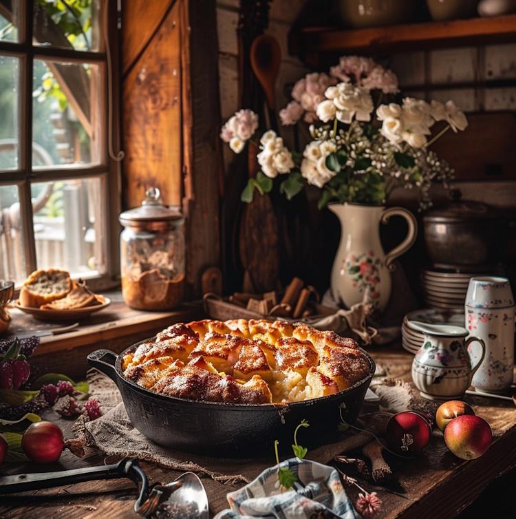  A rustic kitchen setting with a cast iron Dutch oven filled with a bubbling fruit cobbler, golden brown and aromatic, surrounded by vintage baking utensils and ingredients, evoking a cozy and nostalgic atmosphere