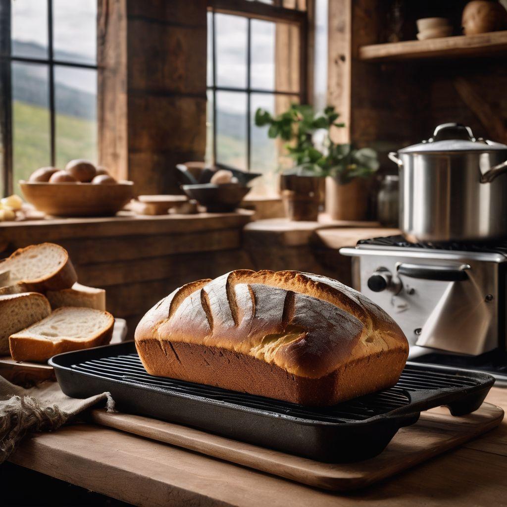 A freshly baked loaf of bread on cast iron bakeware in a warm kitchen setting.