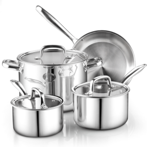Cook N Home Stainless Steel Cookware Set - Tri-Ply Clad, Glass Lid, Dishwasher Safe, Silver