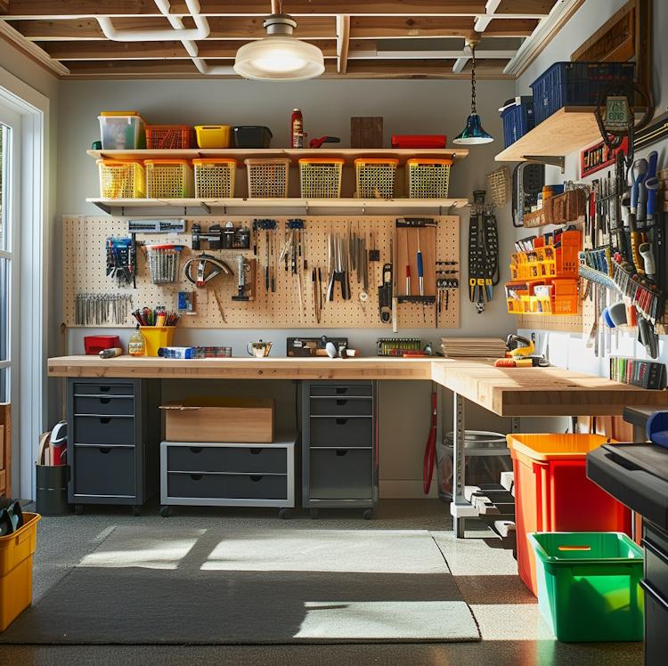  a well-organized and tidy workshop with labeled storage bins, wall-mounted tool racks, and a sturdy workbench, surrounded by natural light and vibrant colors