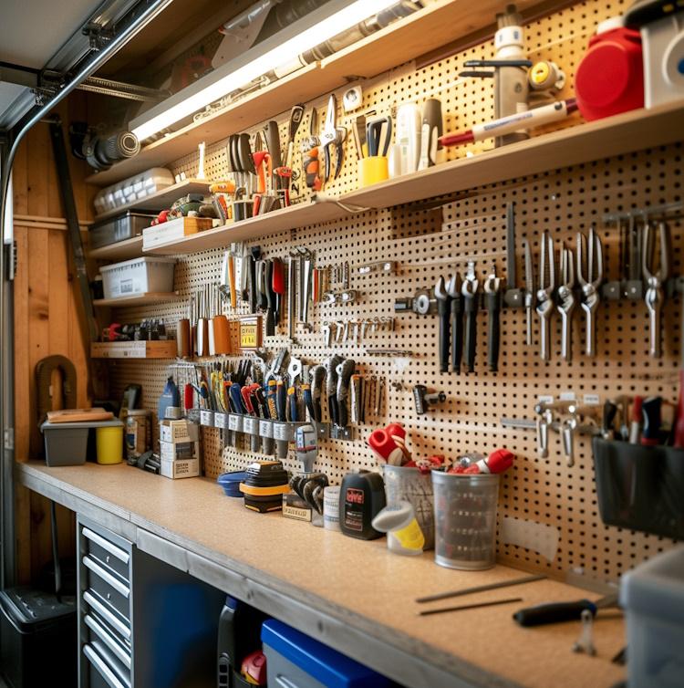 Pegboard walls filled with neatly organized tools and accessories, labeled hooks and containers, well-lit garage workshop environment, creating a sense of organization and productivity