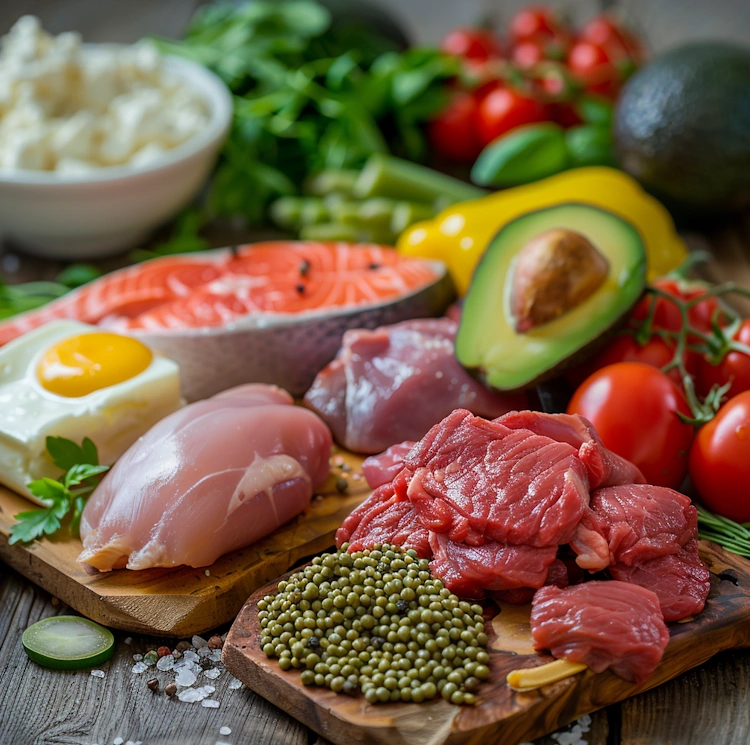  a colorful array of food items including lean beef, chicken breast, fish, dairy products, and avocado, displayed on a wooden table with vibrant and fresh ingredients, emphasizing the nutritional value of each item