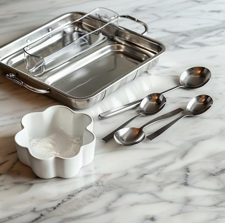Baking necessities: Sheet pans, glass baking dish, measuring cups, and spoons neatly arranged on a clean marble countertop with natural light streaming in, showcasing the shiny surfaces and precise measurements