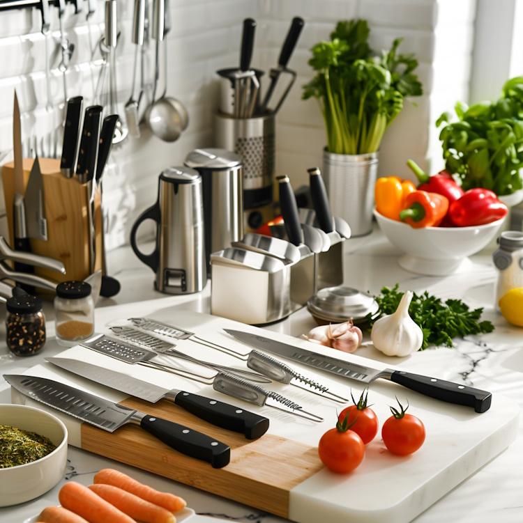 Ultimate Kitchen Essentials Checklist for Your First Apartment, a well-organized and tidy kitchen counter with the essential cooking tools neatly arranged, natural light coming in from the window, fresh ingredients in the background, representing the joy of cooking