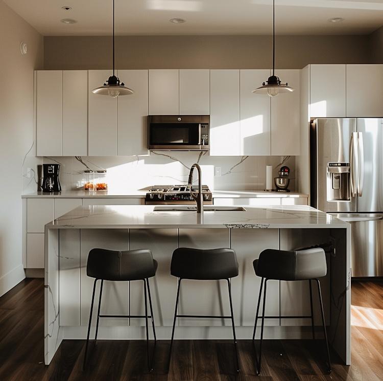a sleek and minimalist kitchen with stainless steel appliances, marble countertops, and a stylish island, a modern and elegant setting with clean lines and a sophisticated vibe
