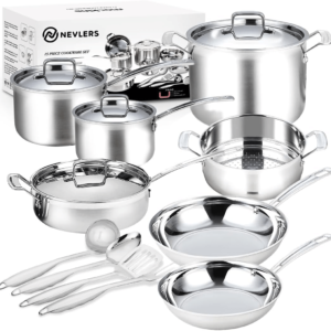 Nevlers 15 Pcs Stainless Steel Pots and Pans Set |Tri-Ply Stainless Steel Cooking Set & Aluminum Core |Premium Stainless Steel Pan Set |