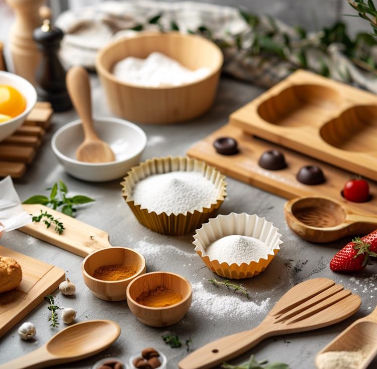 showcasing a variety of bakeware made from sustainable materials like bamboo, silicone, and stainless steel, surrounded by fresh ingredients
