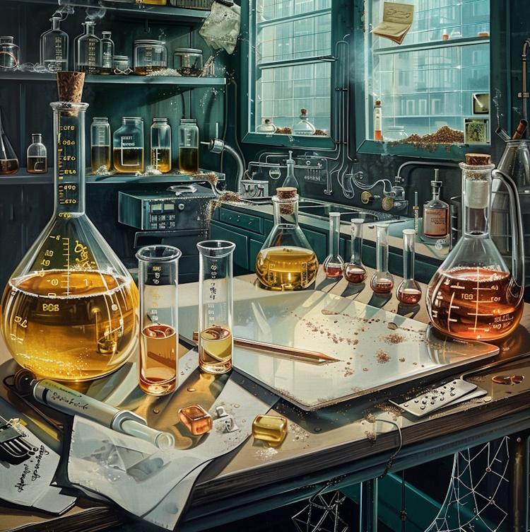 Revealing the hidden dangers of conventional bakeware through a visual representation of chemical compositions and their effects, laboratory setting with test tubes, beakers, and scientific equipment