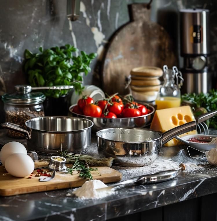 Stainless steel bakeware in a modern kitchen setting, showcasing its sleek and polished surface, surrounded by fresh ingredients and baking tools, creating a sense of cleanliness and sophistication