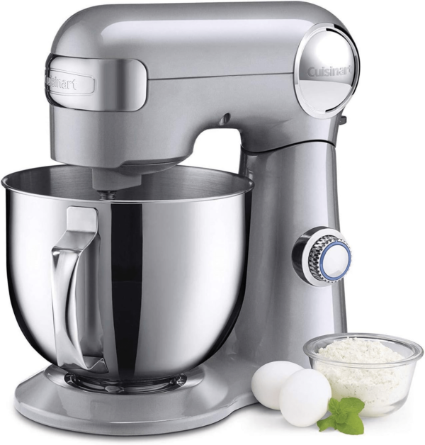 Cuisinart Stand Mixer, 12 Speeds, 5.5-Quart Mixing Bowl, Chef's Whisk, Flat Mixing Paddle, Dough Hook, and Splash Guard with Pour Spout, Silver Lining