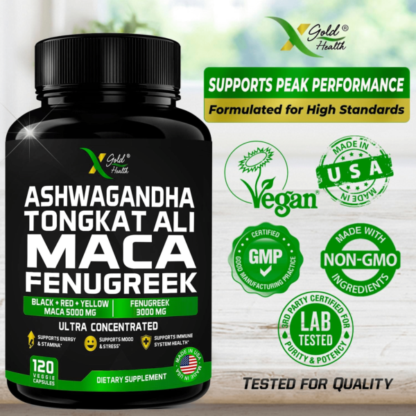 X Gold Health Super Herbal Supplement with Ashwagandha, Tongkat Ali, Maca Root, and Fenugreek - Energy Boost, Endurance, Focus, and Vitality