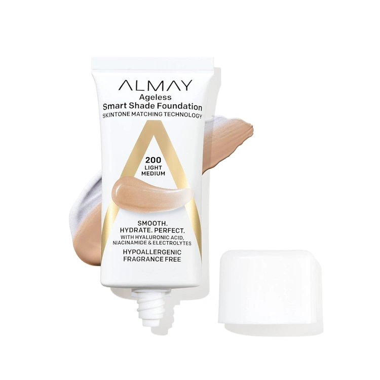  Almay Anti-Aging Foundation, Smart Shade Face Makeup with Hyaluronic Acid, Niacinamide, Vitamin C & E, Hypoallergenic-Fragrance Free, 200 Light Medium