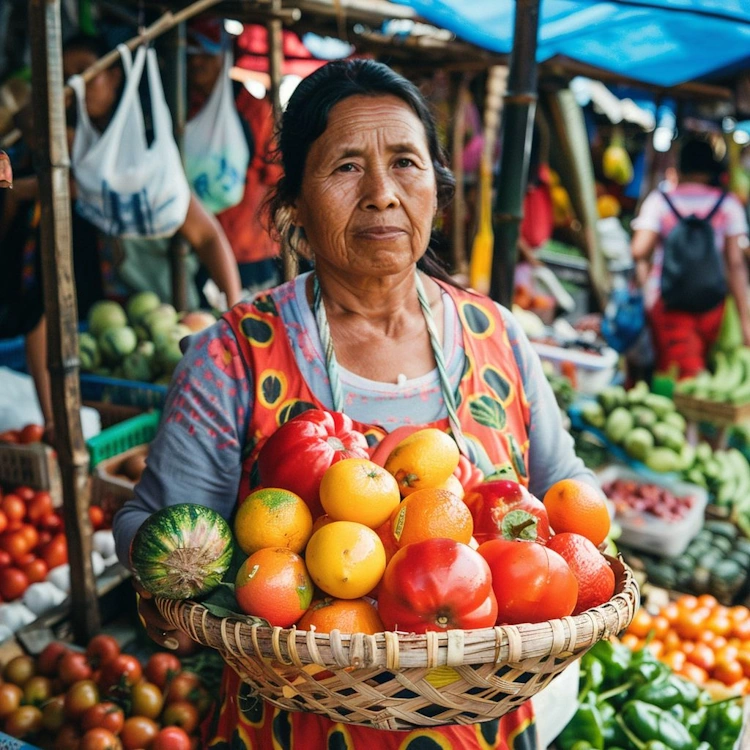 A woman holds a basket of fresh produce at an outdoor market.